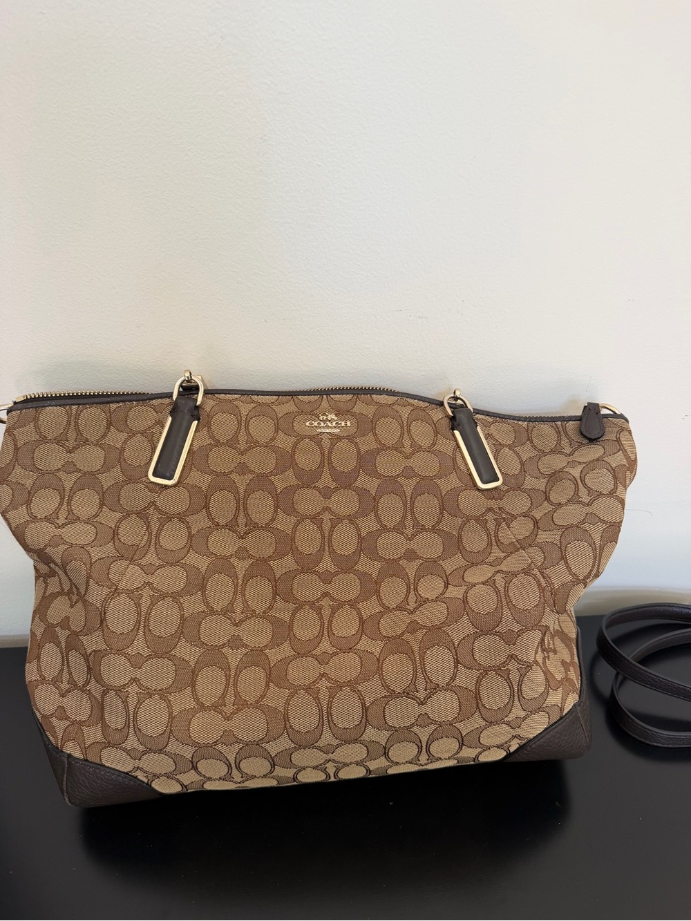 Coach Brown Signature Canvas Tote with Dark Leather Trim